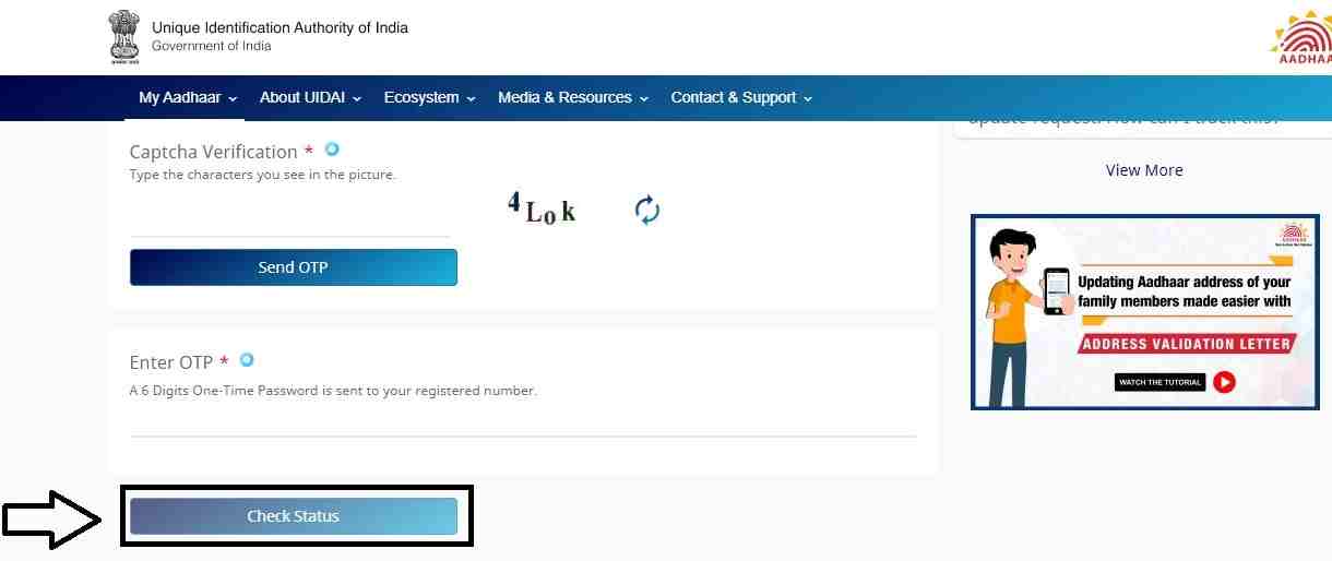 Click On "Check Status" Button. - Aadhar Card: How to Check Online Demographic Update Status | Step9