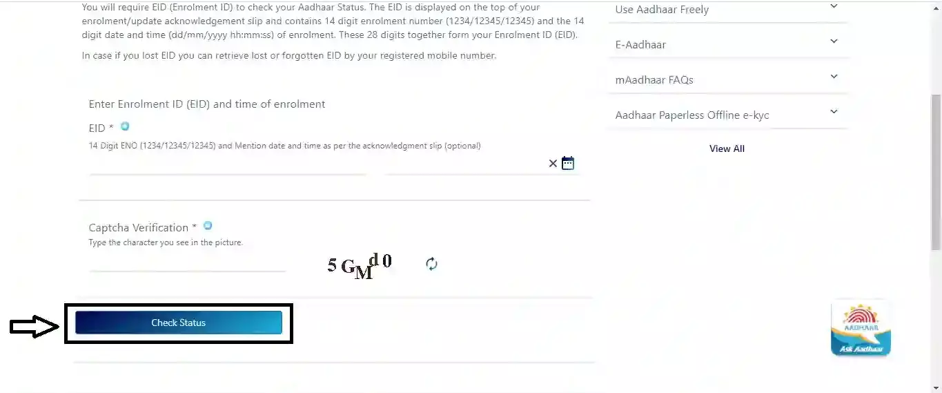 Click on "Check Status" Button - Aadhar Card: How To Check Aadhar Card Update Status Online | Step7