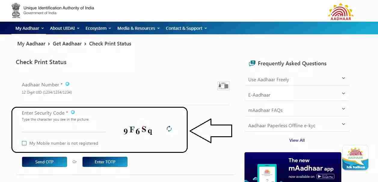 Enter Security Code. - Aadhar Card: How To Check PVC Aadhar Card Status | Step6