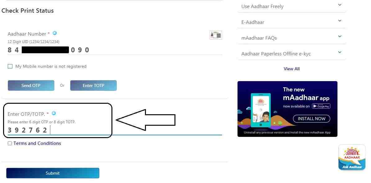 Enter OTP - Aadhar Card: How To Check PVC Aadhar Card Status | Step8