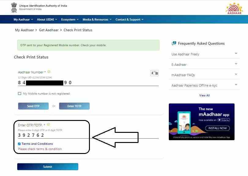 Click on "Terms and Conditions" - Aadhar Card: How To Check PVC Aadhar Card Status | Step9