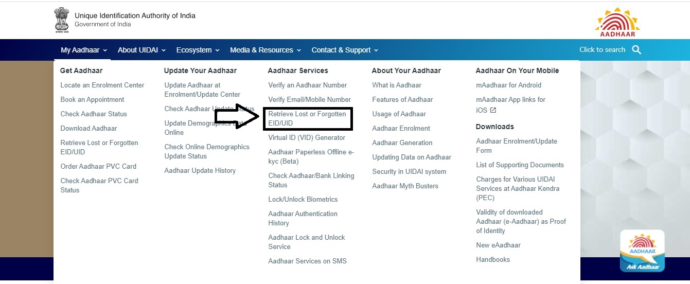 Click Retrieve Lost Or Forgotten EID/UID Option - Aadhar Card: How To Find Aadhar Number With Mobile Number | Step5